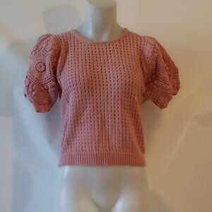 NWT Womens Stella Pardo Paris "Greta" Pink Crochet Short Sleeve Sweater M